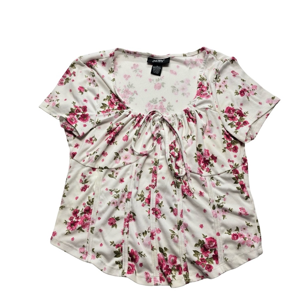 Just Teelly NY Floral Cottagecore Ribbed Top L